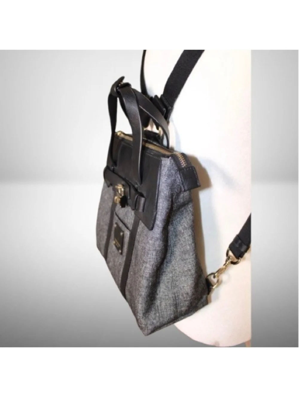 Henri Bendel Jetsetter 3-Way Convertible Backpack Grey Tweed Leather EUC Rare